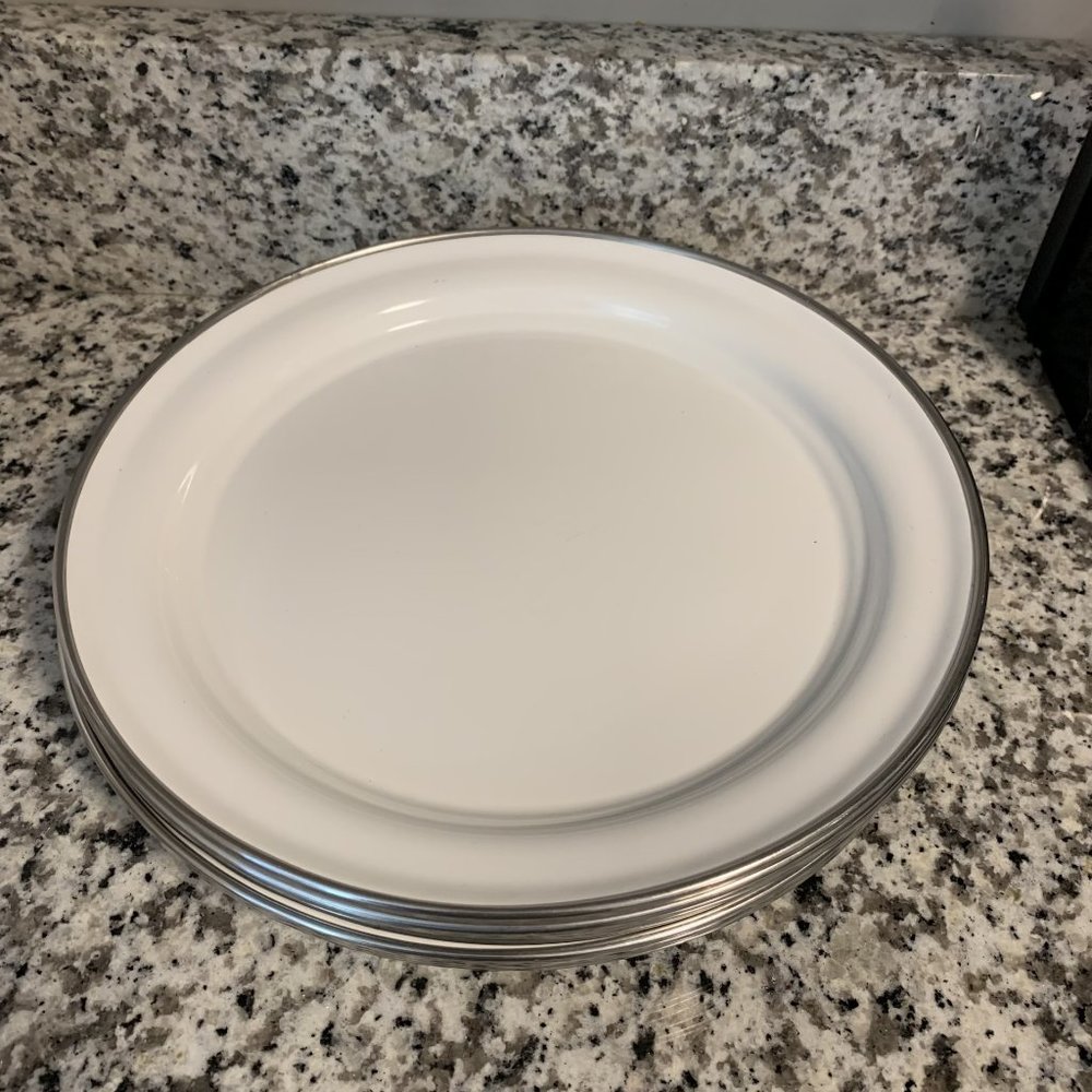 Set of eight POTTERY BARN enamelware plates white with silver rim